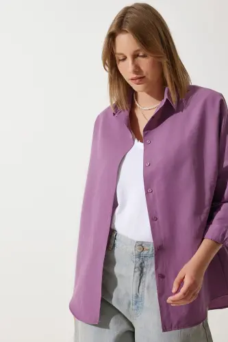 Woman Dark Purple Oversize Long Basic Shirt DD00842-Dark Purple - 4