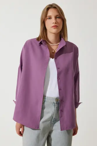 Woman Dark Purple Oversize Long Basic Shirt DD00842-Dark Purple - 5