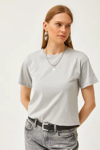 Woman Dolphin Gray Crew Neck Basic T-Shirt TSH-190 - OLALOOK (1)