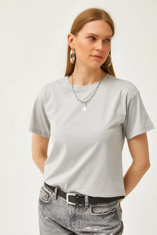 Woman Dolphin Gray Crew Neck Basic T-Shirt TSH-190 - 2