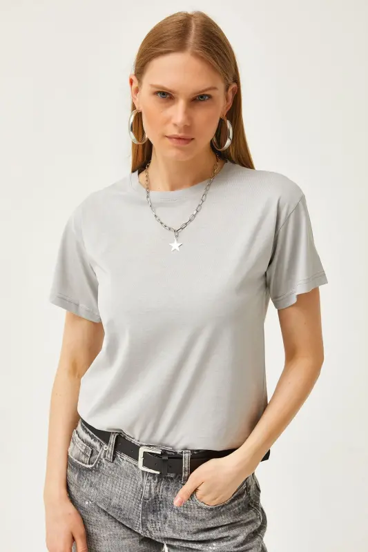 Woman Dolphin Gray Crew Neck Basic T-Shirt TSH-190 - 3