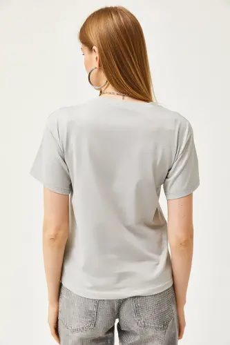Woman Dolphin Gray Crew Neck Basic T-Shirt TSH-190 - 5