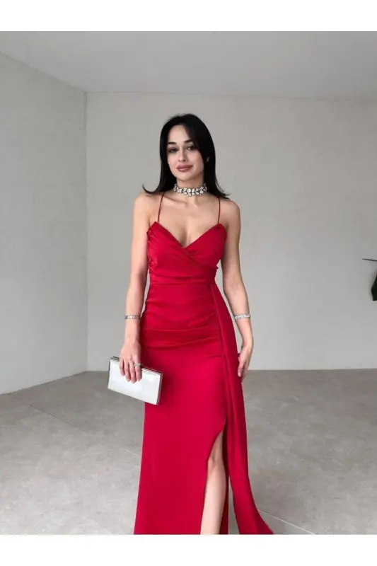 Woman Draped Fabric Detailed Back Tie Deep Slit Maxi Evening & Graduation Dress-Red - MİSSCİXFASHİON