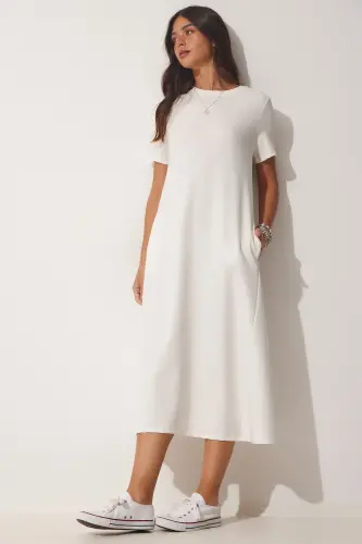 Woman Ecru A Cut Summer Knit Dress UB00060-Ecru - 3