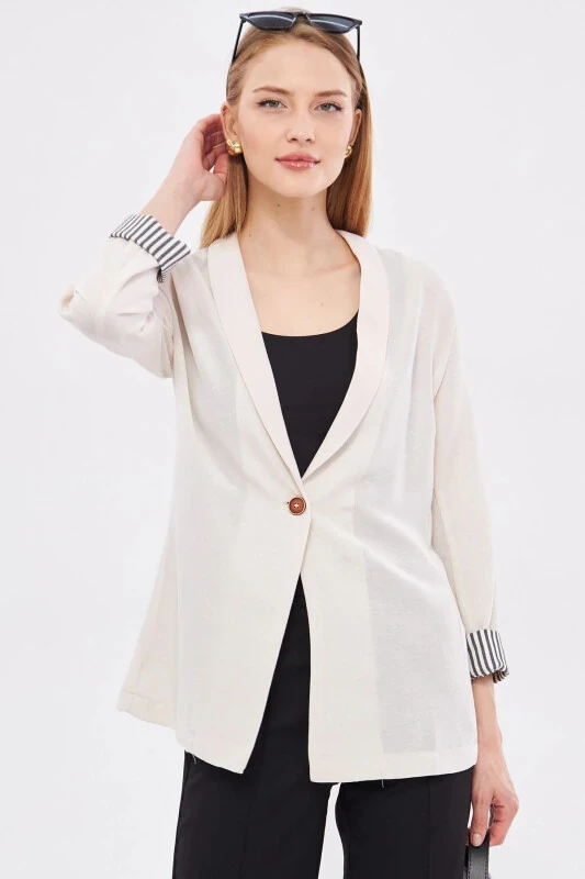 Woman Ecru Arm Striped Single Button Jacket ARM-22K001122-Ecru - ARMONIKA