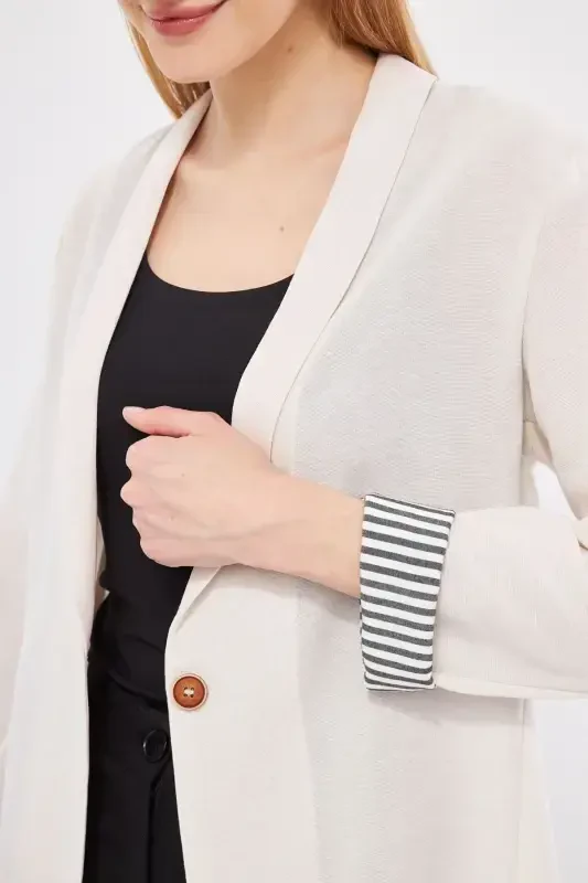 Woman Ecru Arm Striped Single Button Jacket ARM-22K001122-Ecru - 2