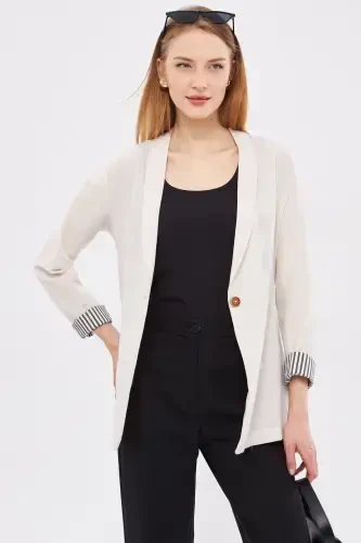 Woman Ecru Arm Striped Single Button Jacket ARM-22K001122-Ecru - 3