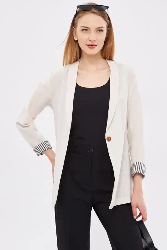 Woman Ecru Arm Striped Single Button Jacket ARM-22K001122-Ecru - 3
