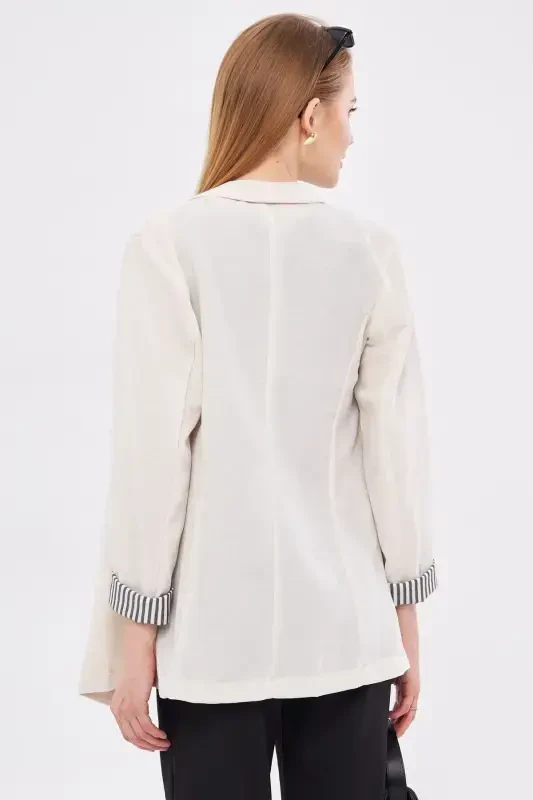 Woman Ecru Arm Striped Single Button Jacket ARM-22K001122-Ecru - 4