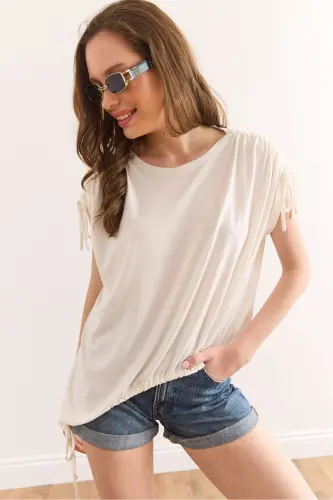 Woman Ecru Asymmetric Gathered Detailed Drapey Knitted Vi 