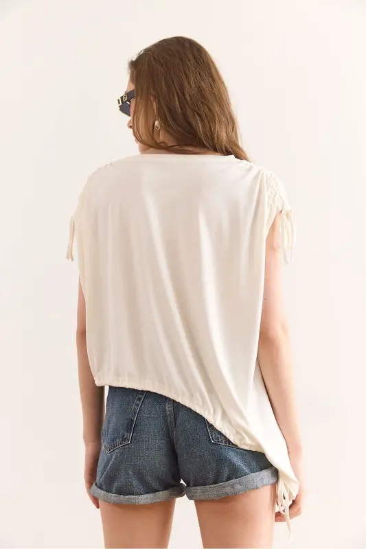 Woman Ecru Asymmetric Gathered Detailed Drapey Knitted Vi - 2