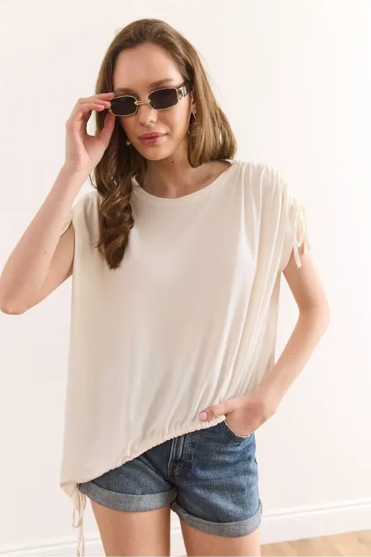 Woman Ecru Asymmetric Gathered Detailed Drapey Knitted Vi - 3