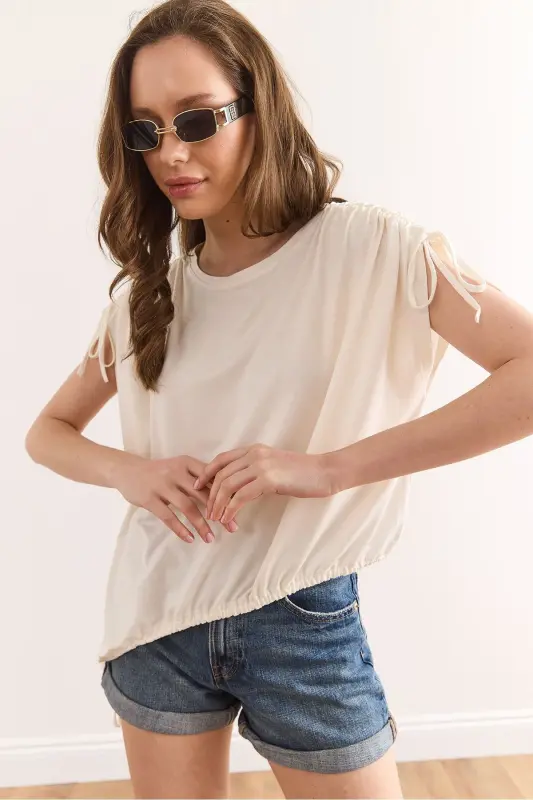 Woman Ecru Asymmetric Gathered Detailed Drapey Knitted Vi - 5