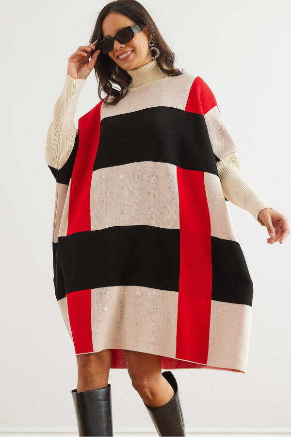 Woman Ecru Black Plaid Thick Poncho Tunic Dress ELB-19002323 - 1