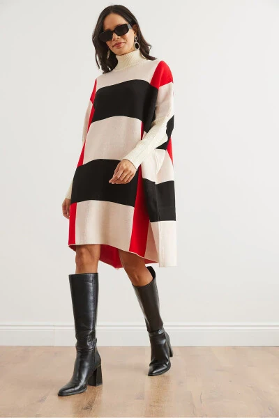 Woman Ecru Black Plaid Thick Poncho Tunic Dress ELB-19002323 - OLALOOK (1)