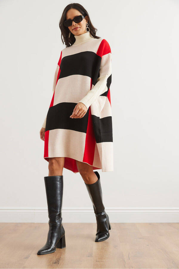 Woman Ecru Black Plaid Thick Poncho Tunic Dress ELB-19002323 - 2