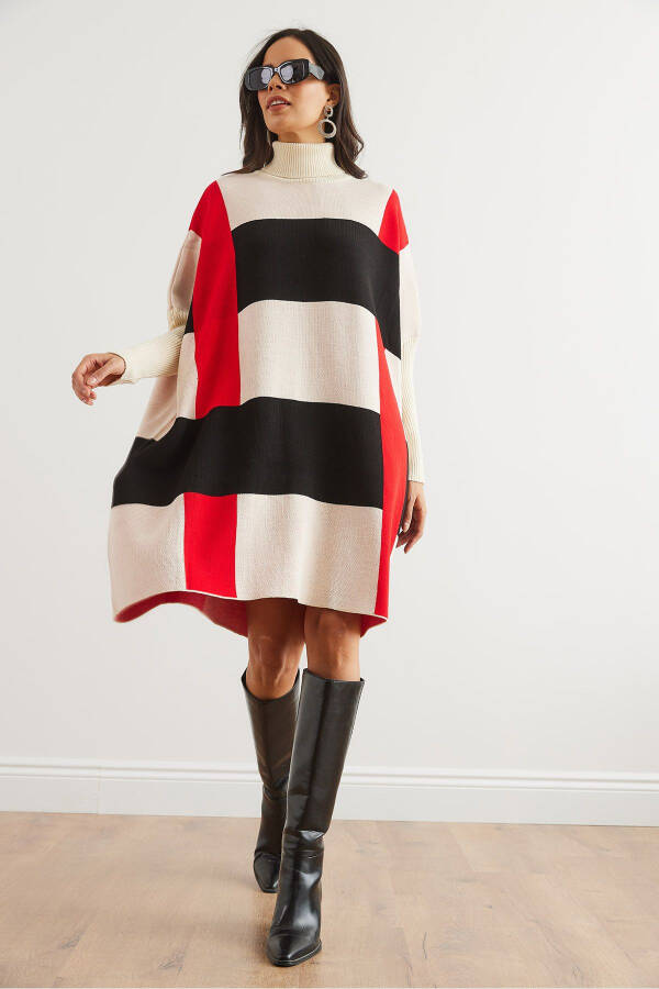 Woman Ecru Black Plaid Thick Poncho Tunic Dress ELB-19002323 - 3