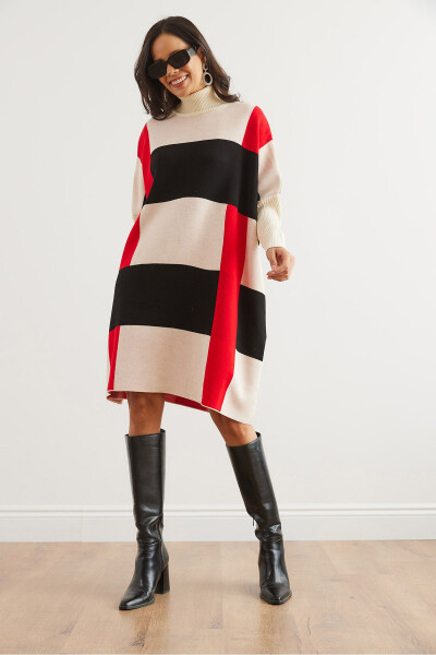 Woman Ecru Black Plaid Thick Poncho Tunic Dress ELB-19002323 - 4