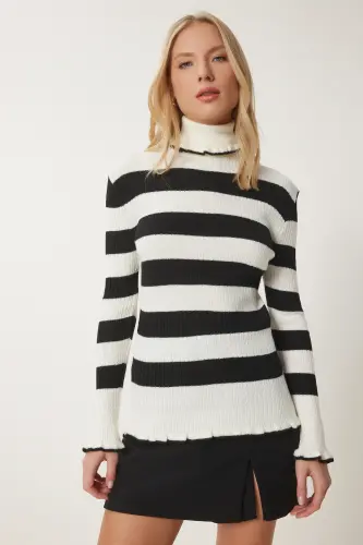 Woman Ecru Black Turtleneck Ruffled Striped Knit Sweater DD01269-Ecru Black - 1