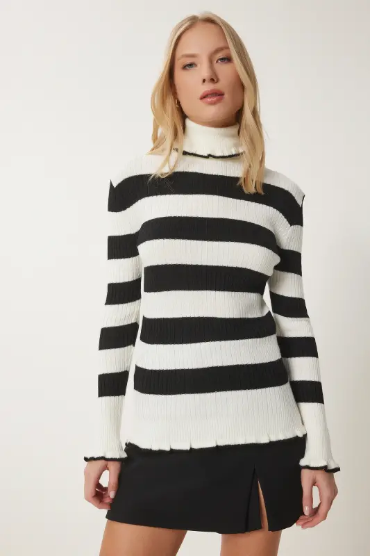 Woman Ecru Black Turtleneck Ruffled Striped Knit Sweater DD01269-Ecru Black - 1