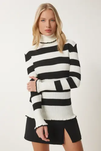 Woman Ecru Black Turtleneck Ruffled Striped Knit Sweater DD01269-Ecru Black - 3