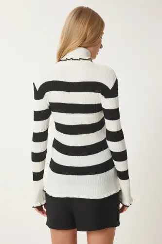 Woman Ecru Black Turtleneck Ruffled Striped Knit Sweater DD01269-Ecru Black - 5