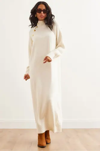 Woman Ecru Button Detailed Adjustable Neck Maxi Dress Tr - 1