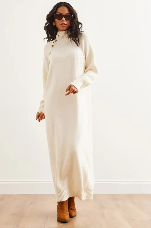 Woman Ecru Button Detailed Adjustable Neck Maxi Dress Tr - 1