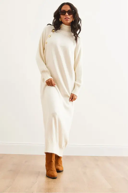 Woman Ecru Button Detailed Adjustable Neck Maxi Dress Tr - 2