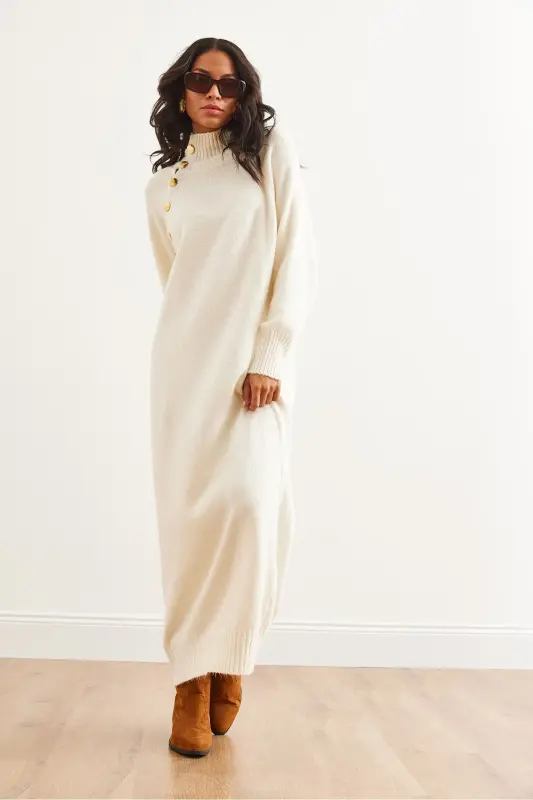 Woman Ecru Button Detailed Adjustable Neck Maxi Dress Tr - 3