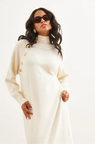 Woman Ecru Button Detailed Adjustable Neck Maxi Dress Tr - 4