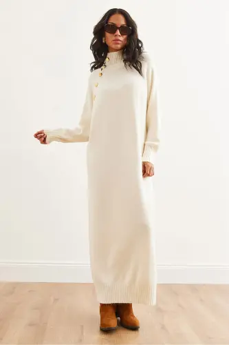 Woman Ecru Button Detailed Adjustable Neck Maxi Dress Tr - 5