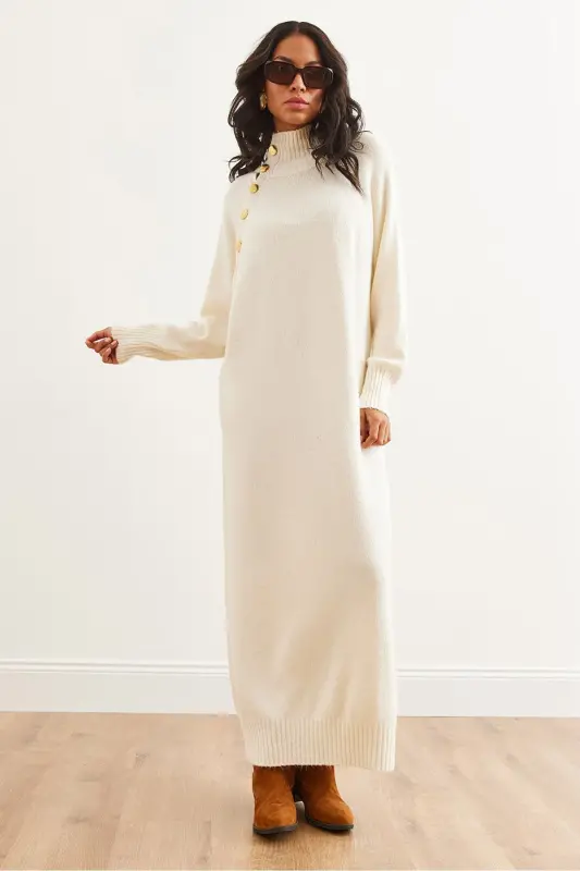 Woman Ecru Button Detailed Adjustable Neck Maxi Dress Tr - 5