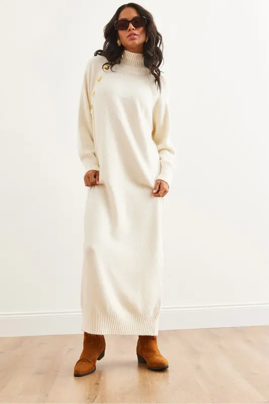 Woman Ecru Button Detailed Adjustable Neck Maxi Dress Tr - 6