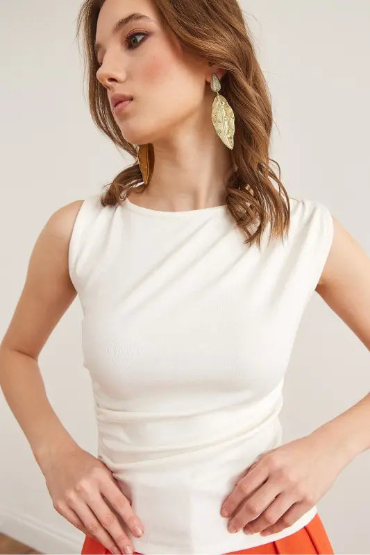 Woman Ecru Draped Detailed Soft Touch Flexible Viscose B - 4