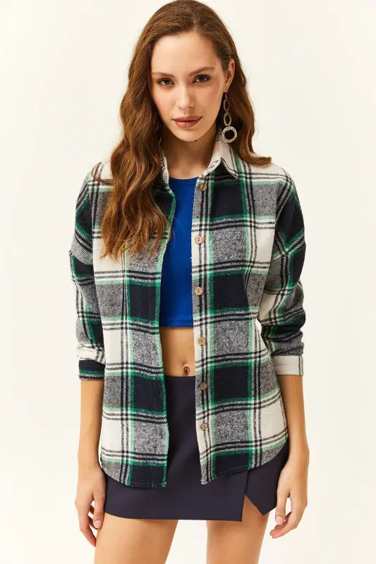 Woman Ecru Green Plaid Lumberjack Shirt-Ecru Green - 2