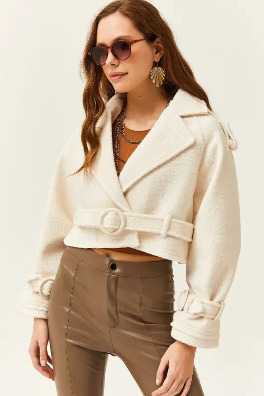 Woman Ecru Lined Belt Detailed Crop Boucle Jacket CKT-19000372-Ecru - 1