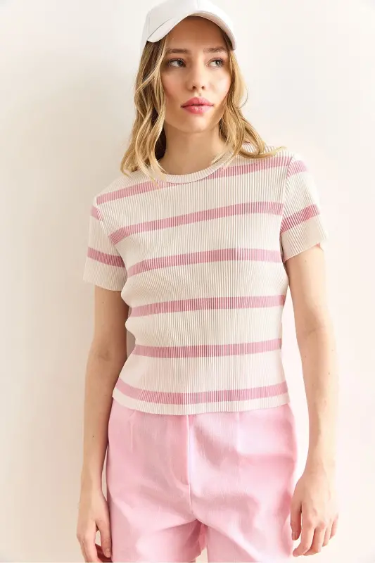 Woman Ecru Pink Crew Neck Striped Plisse Blouse - 2