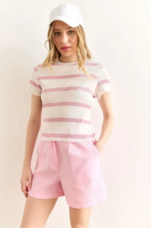 Woman Ecru Pink Crew Neck Striped Plisse Blouse - 5