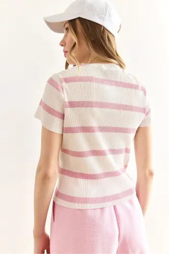 Woman Ecru Pink Crew Neck Striped Plisse Blouse - 6