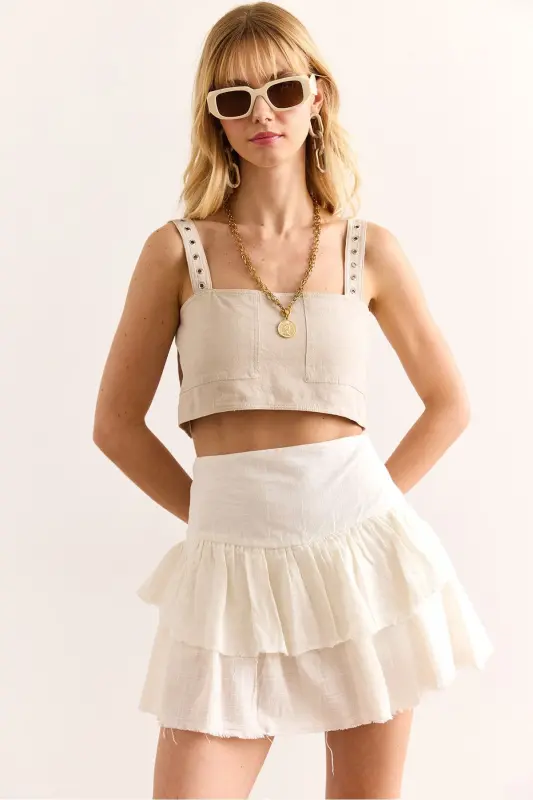 Woman Ecru Shorts Ruffled Zippered Mini Linen Skirt - 1
