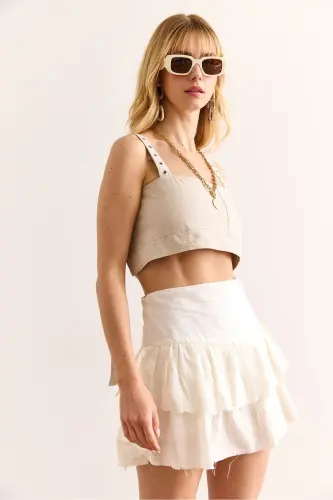 Woman Ecru Shorts Ruffled Zippered Mini Linen Skirt - 3