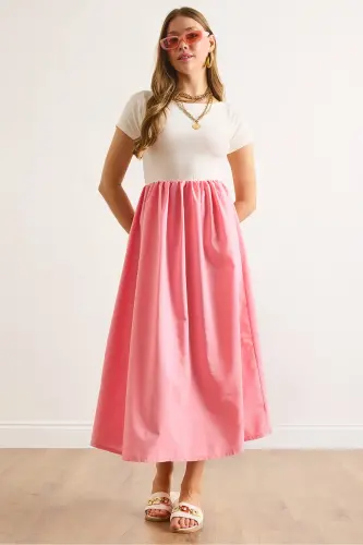 Woman Ecru Sugar Pink Garnished Short Sleeve Midi Dress ELB-19002366-Ecru Sugar Pink - 1