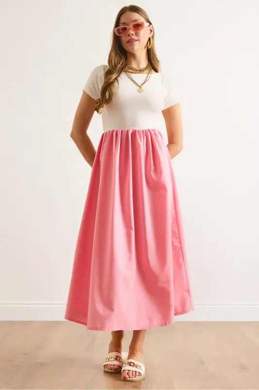 Woman Ecru Sugar Pink Garnished Short Sleeve Midi Dress ELB-19002366-Ecru Sugar Pink - OLALOOK