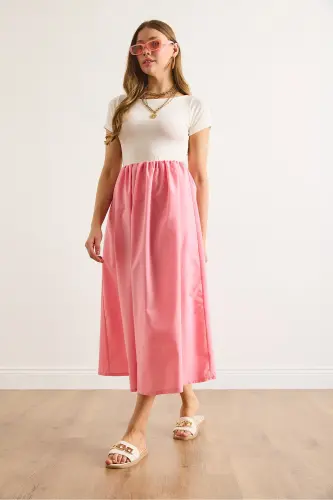 Woman Ecru Sugar Pink Garnished Short Sleeve Midi Dress ELB-19002366-Ecru Sugar Pink - OLALOOK (1)