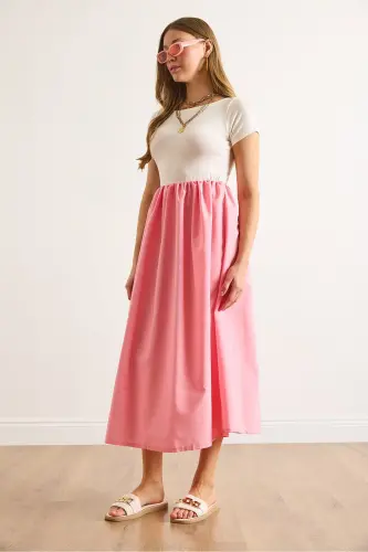 Woman Ecru Sugar Pink Garnished Short Sleeve Midi Dress ELB-19002366-Ecru Sugar Pink - 3