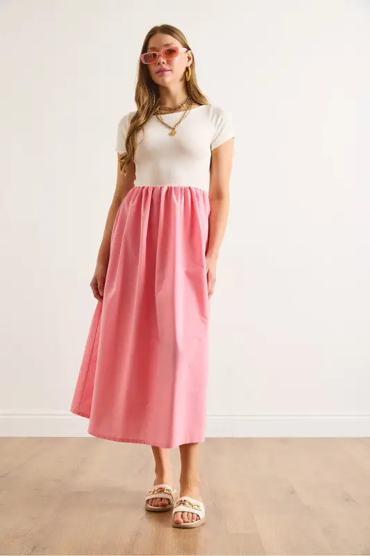 Woman Ecru Sugar Pink Garnished Short Sleeve Midi Dress ELB-19002366-Ecru Sugar Pink - 4
