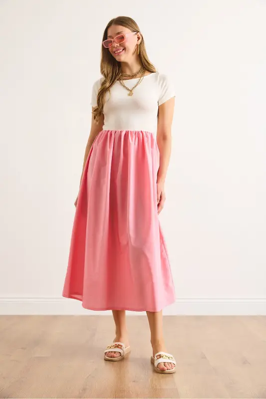 Woman Ecru Sugar Pink Garnished Short Sleeve Midi Dress ELB-19002366-Ecru Sugar Pink - 5