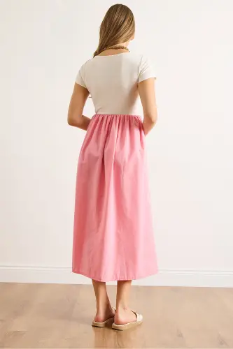 Woman Ecru Sugar Pink Garnished Short Sleeve Midi Dress ELB-19002366-Ecru Sugar Pink - 7