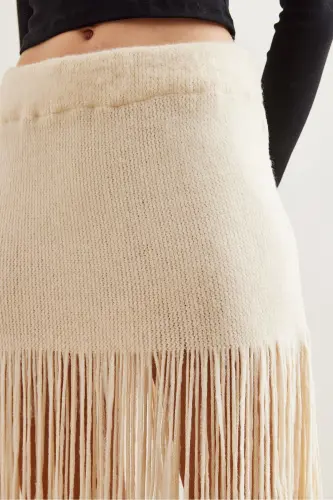 Woman Ecru Tasseled Maxi Knitted Skirt ETK-19000275-E - 17